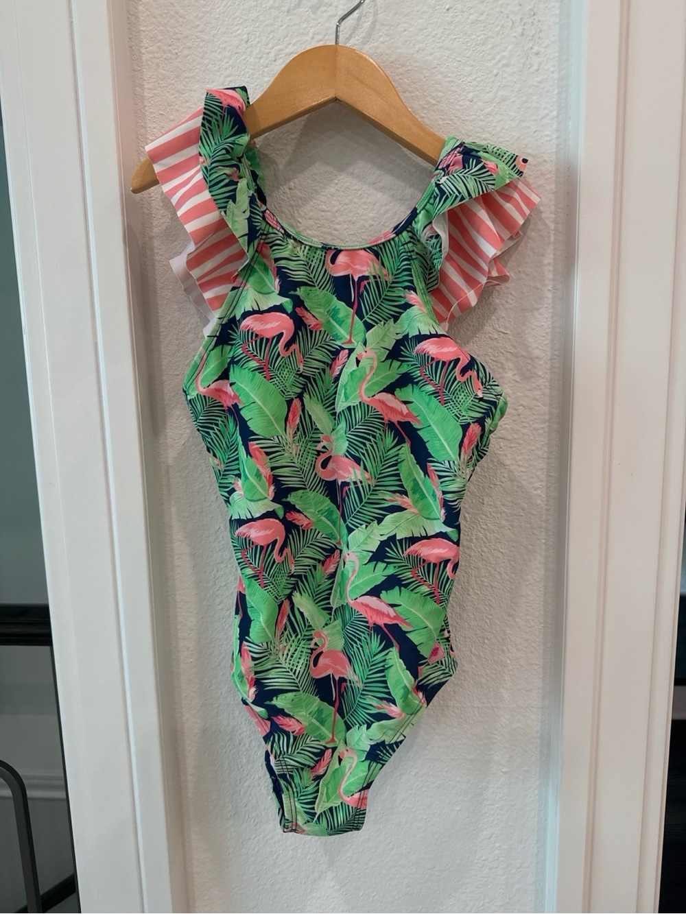 RuffleButts Girls Tropical Flamingo Ruffle One Piece Swimsuit Size 7